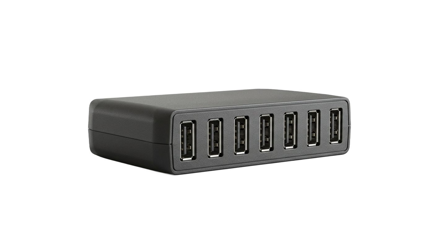 Kompakter USB-Hub mit sieben sichtbaren USB-Anschlüssen