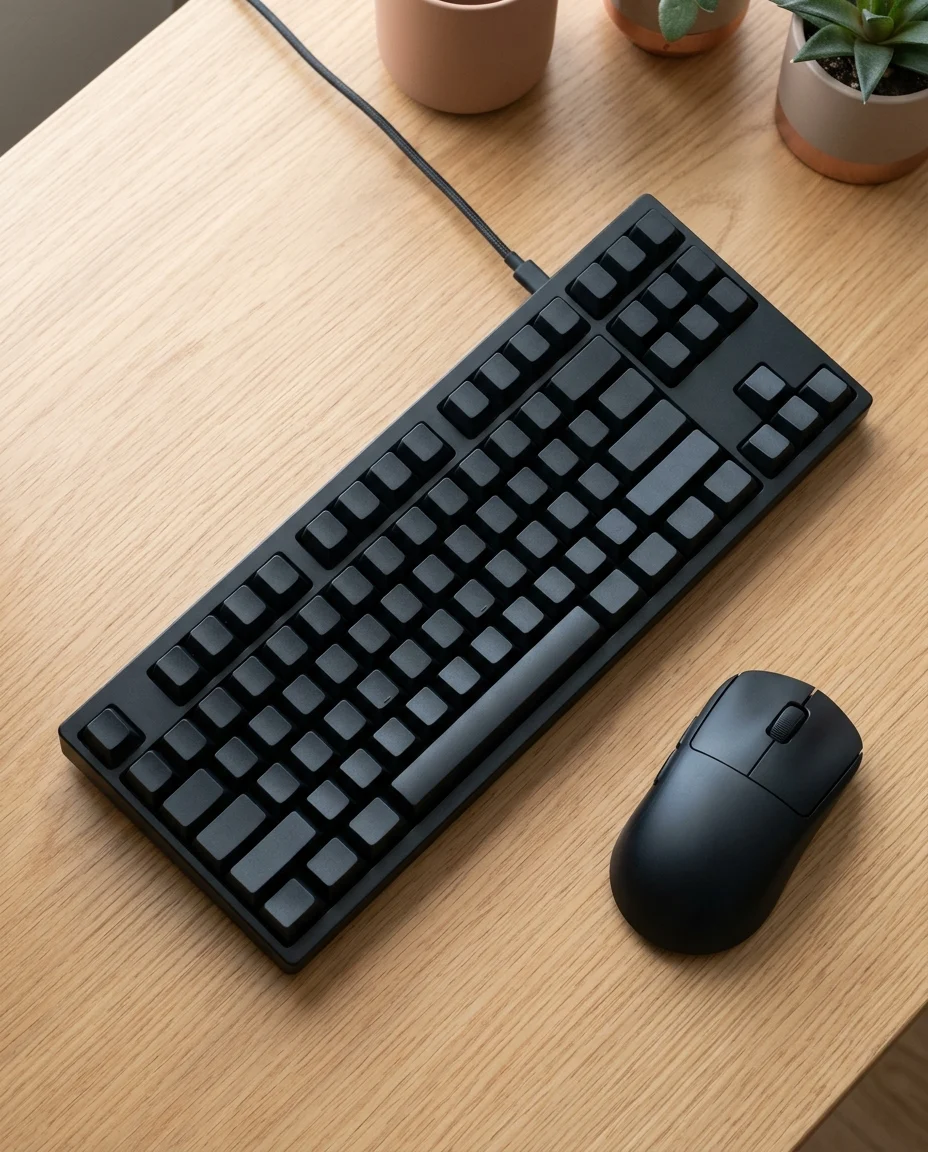 Kompakte Tastatur und Maus auf einer hellen Schreibtischfläche