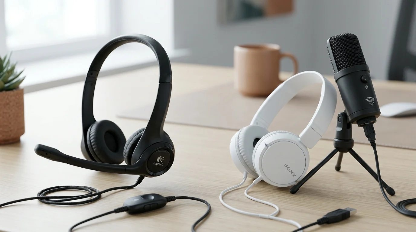 USB-Headset neben Kopfhörer und separatem USB-Mikrofon auf einem Schreibtisch.