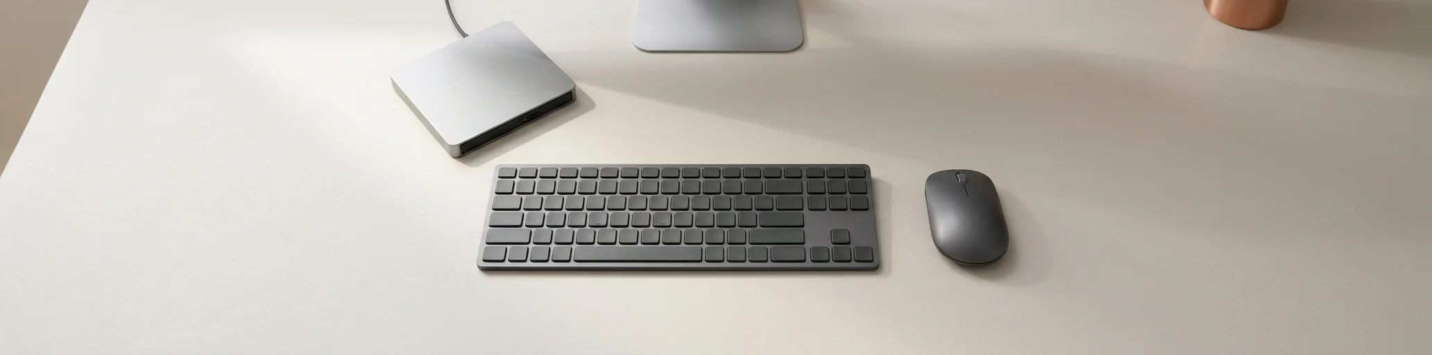 Tastatur, Maus und silbernes externes optisches Laufwerk auf einem hellen Schreibtisch