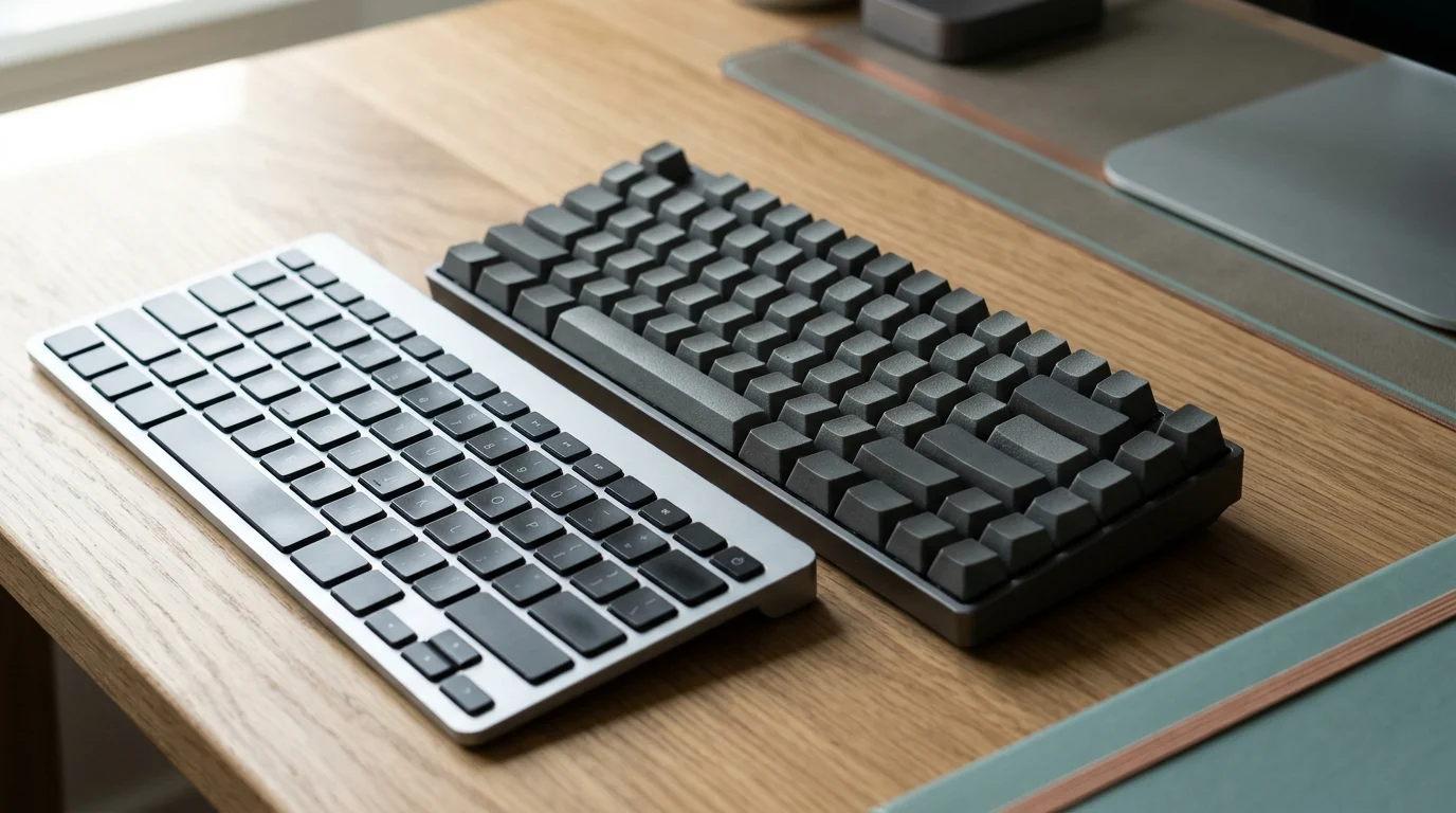 Flache Tastatur und kompakte Tastatur ohne Nummernblock nebeneinander auf einem Schreibtisch